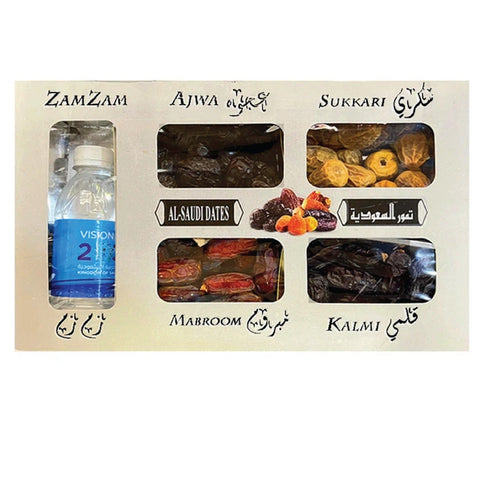 اشترِ تمورًا سعودية فاخرة مع ماء زمزم (١٠٠٠ غرام) - علبة هدايا مميزة | تمور باكستانية لذيذة